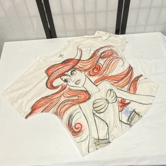 Disney Parks Princess Signed Short Sleeve Ariel Linen Blend Tee Cream Natural - Picture 8 of 13